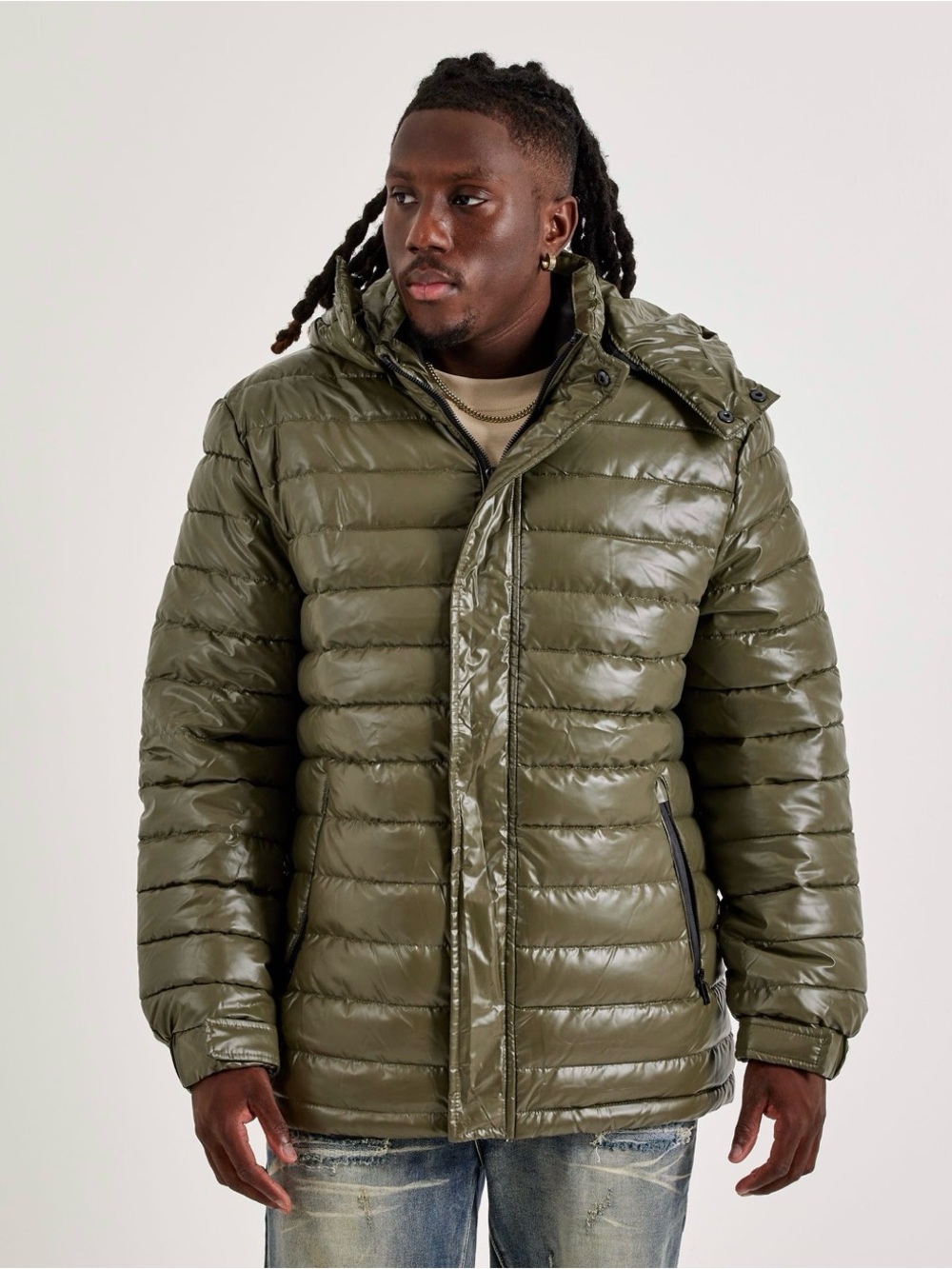 New! Olive Green Heads or Tails Puffer Coat features a glossy quilted finish
